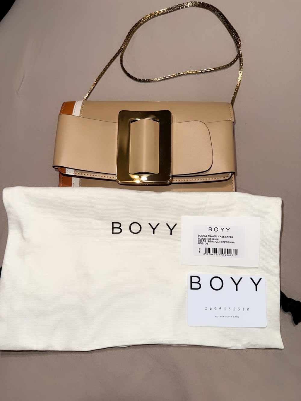 BOYY Beige and Tan Leather Wallet on Chain with Gold Buckle